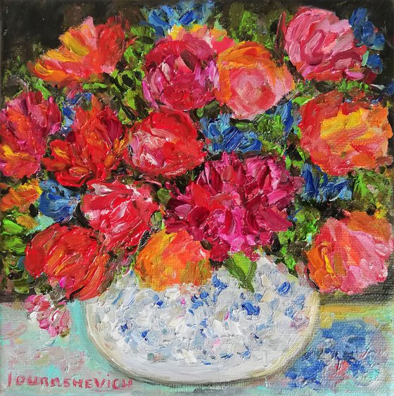 Garden Flowers in Vase | Small Oil Painting on Canvas Stretching 8x8 in (20x20cm)