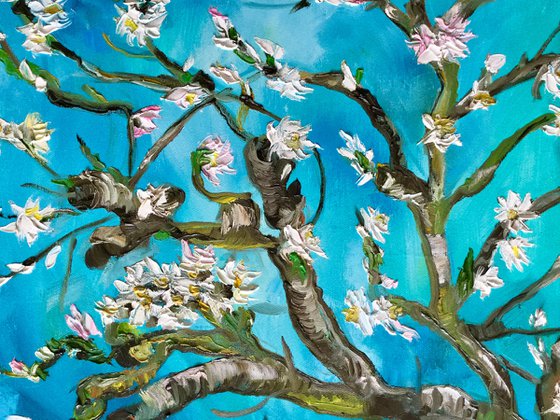 Almond blossom on turquoise inspired by Vincent Van Gogh oil painting ready to hang