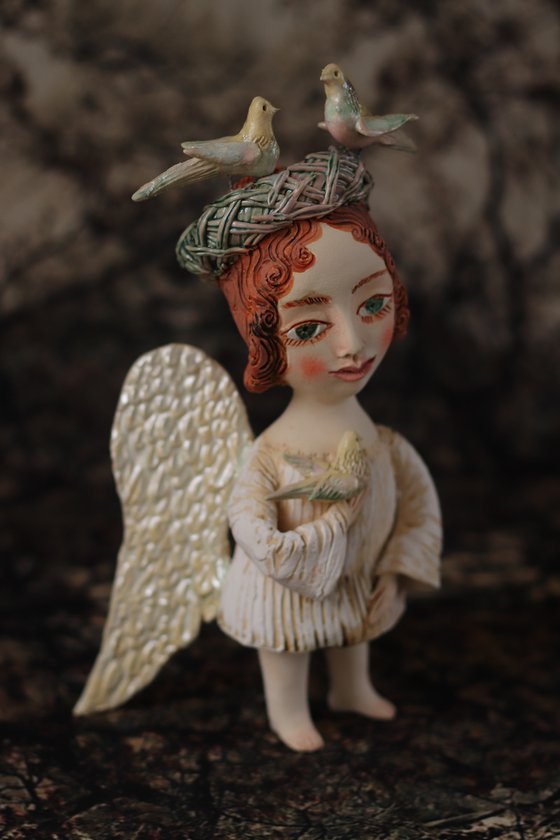Angel with doves. Ceramic OOAK sculpture.