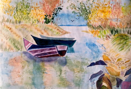 Rowboat by the river. Original watercolor painting by Halyna Kirichenko