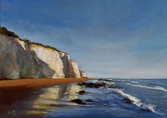 Original seascape beach with cliffs and sea Broadstairs oil painting on canvas.