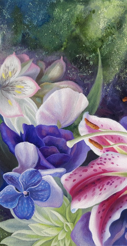 "Floral fantasy", oil flowers painting, lily art, mixed media by Anna Steshenko
