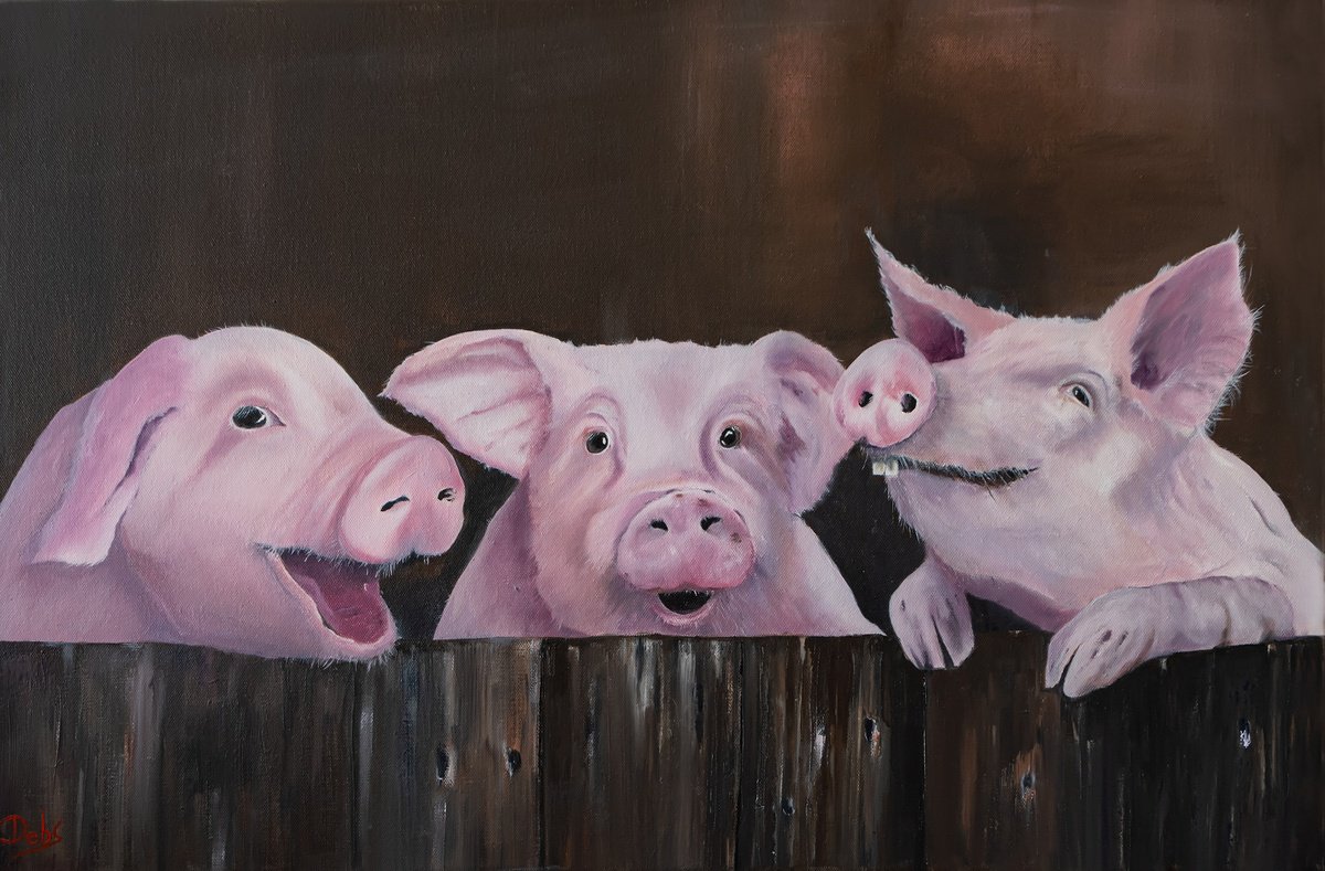 Photorealistic Animal Oil Painting By Debbie Young, 30 X 20, Three Little Porkers, Original Artwork