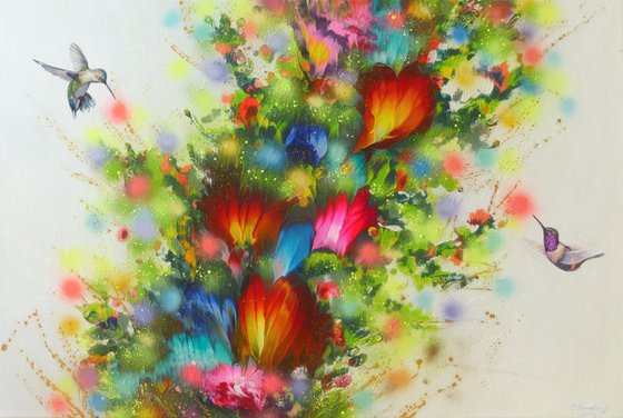 Flowers and Hummingbirds, Large Painting