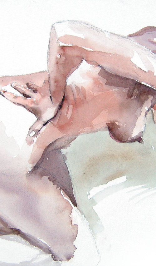 backview ,nude lying pose with hand on her back by Goran Žigolić Watercolors