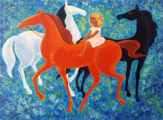 Girl And Three Horses