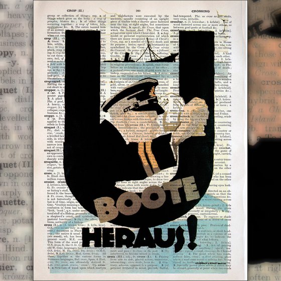 U-boats Out! - Collage Art Print on Large Real English Dictionary Vintage Book Page