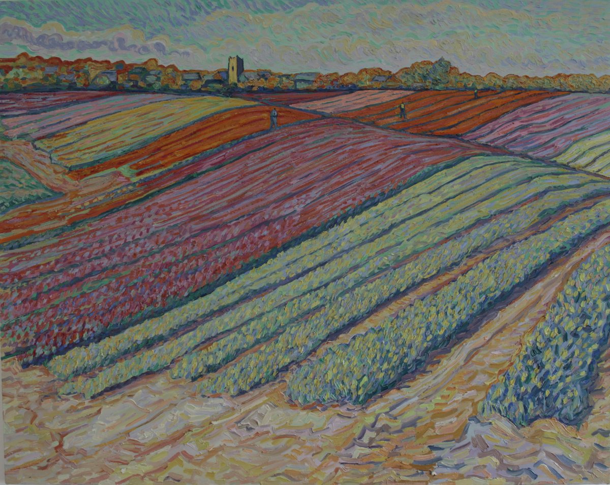 Impressionistic Landscape Oil Painting By Nigel Dickerson, 36 X 28", Tulip Field, Norfolk, Original Artwork