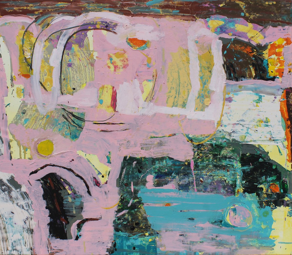 Organic Abstract Acrylic Painting By Sergiy Dekalyuk, 39 X 35", Pink Dog, Original Artwork