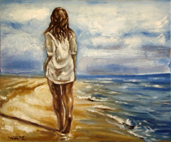 SEASIDE GIRL - THE LONELY WALK - Oil painting on canvas (60x50cm)