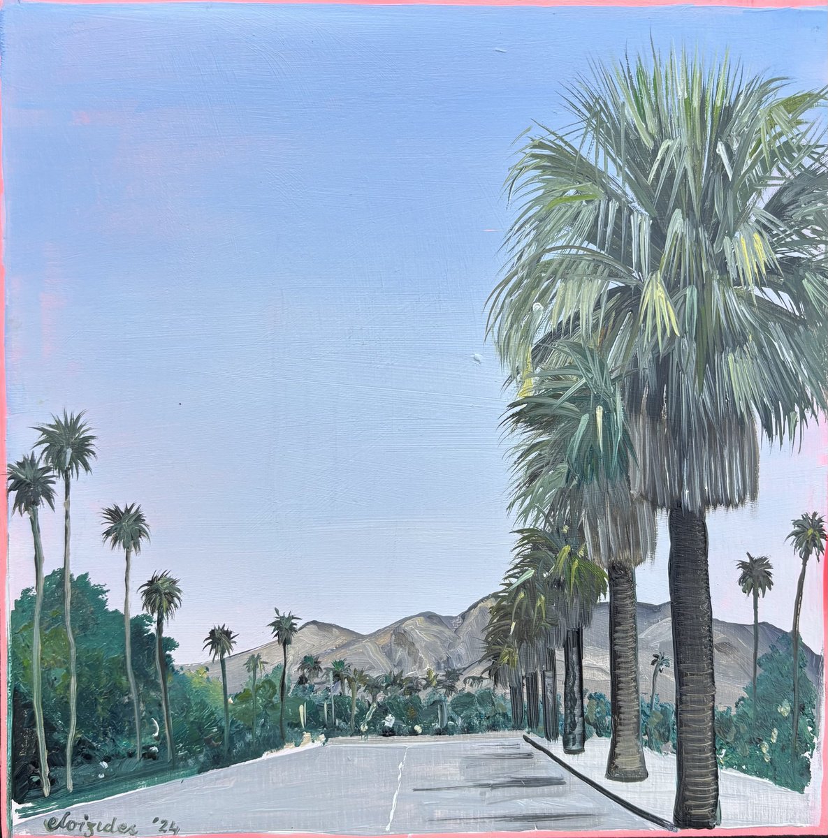 Graphic Landscape Oil Painting By Emma Loizides, 12 X 12, Palm Springs, Original Artwork