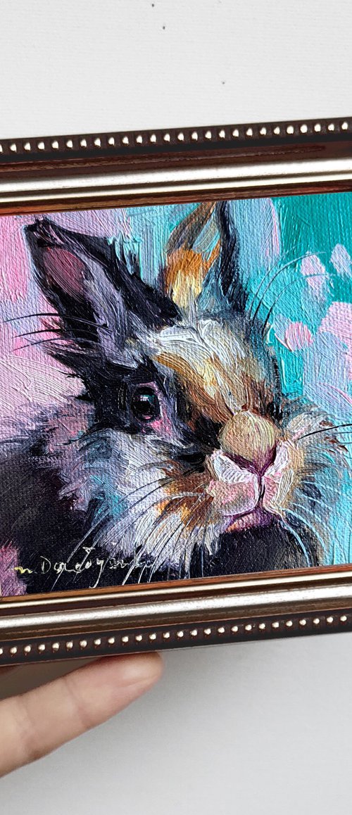 Cute rabbit painting original oil framed 4x4, Small framed art rabbit artwork turquoise purple background by Nataly Derevyanko