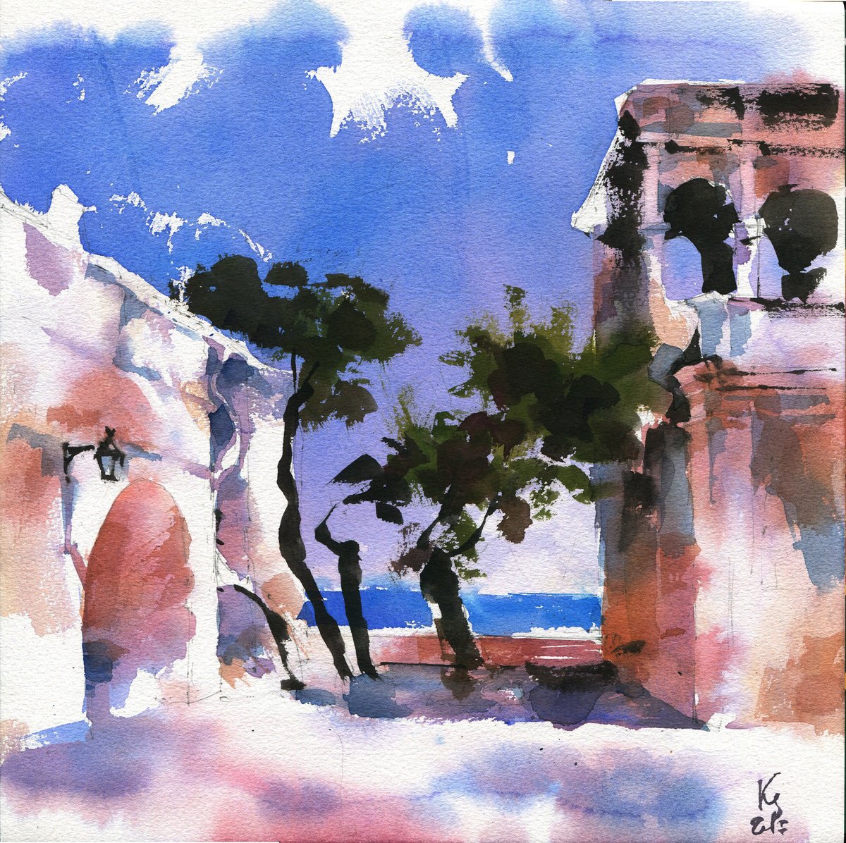 Expressive Landscape Watercolour By Ksenia Selianko, 12 X 12", "Look At The Sea", Original Artwork