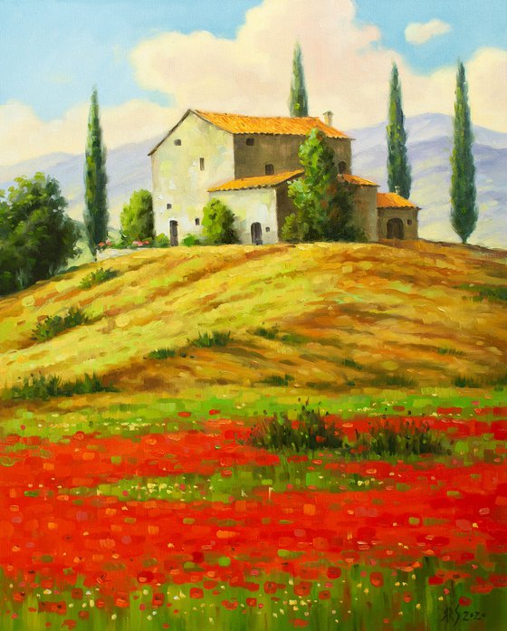 Poppy field in Tuscany (Modern Impressionistic Landscape Oil Painting, Gift for nature lovers)