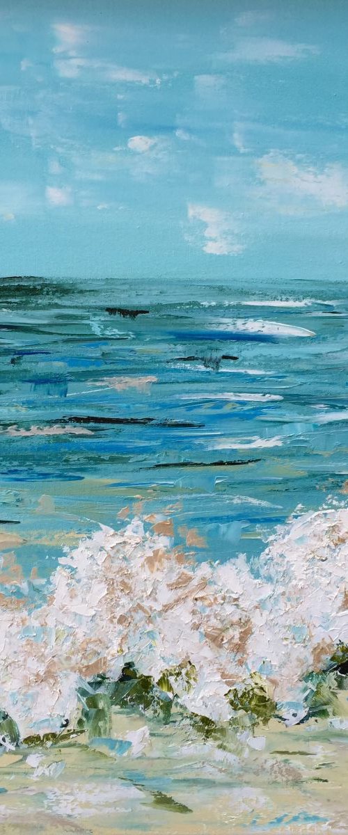 Tempting Tide - aqua seascape 24"x24" by Emma Bell