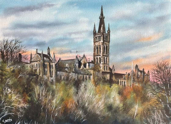 Glasgow university under a setting sun