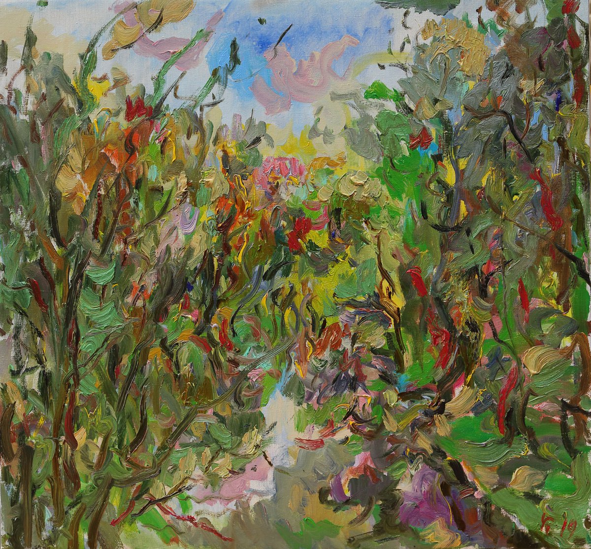 SUNNY DAY. MOSCOW LANDSCAPE - Original oil painting, plants, trees, autumn, river, green - by Karakhan