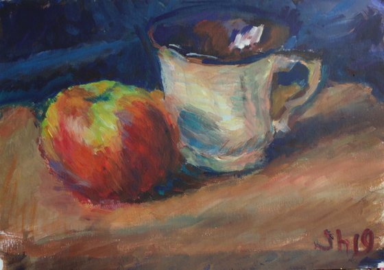 Apple and a cup. Acrylic on paper. 43x32 cm.