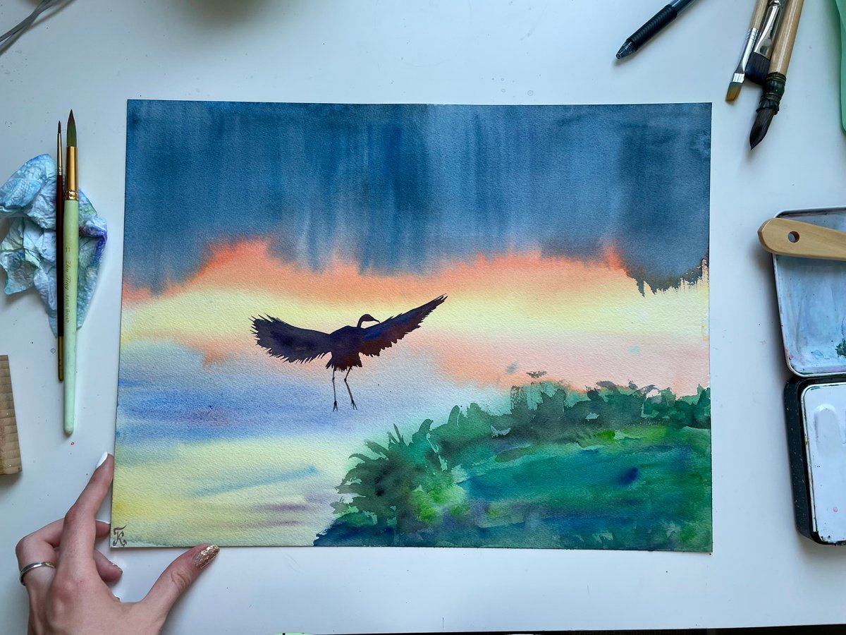 Easy Watercolor Painting - Sunset Bird