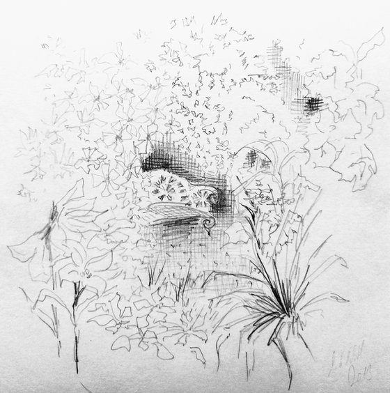 In Italy Sketch. Pavilion in the garden. Original pencil drawing.