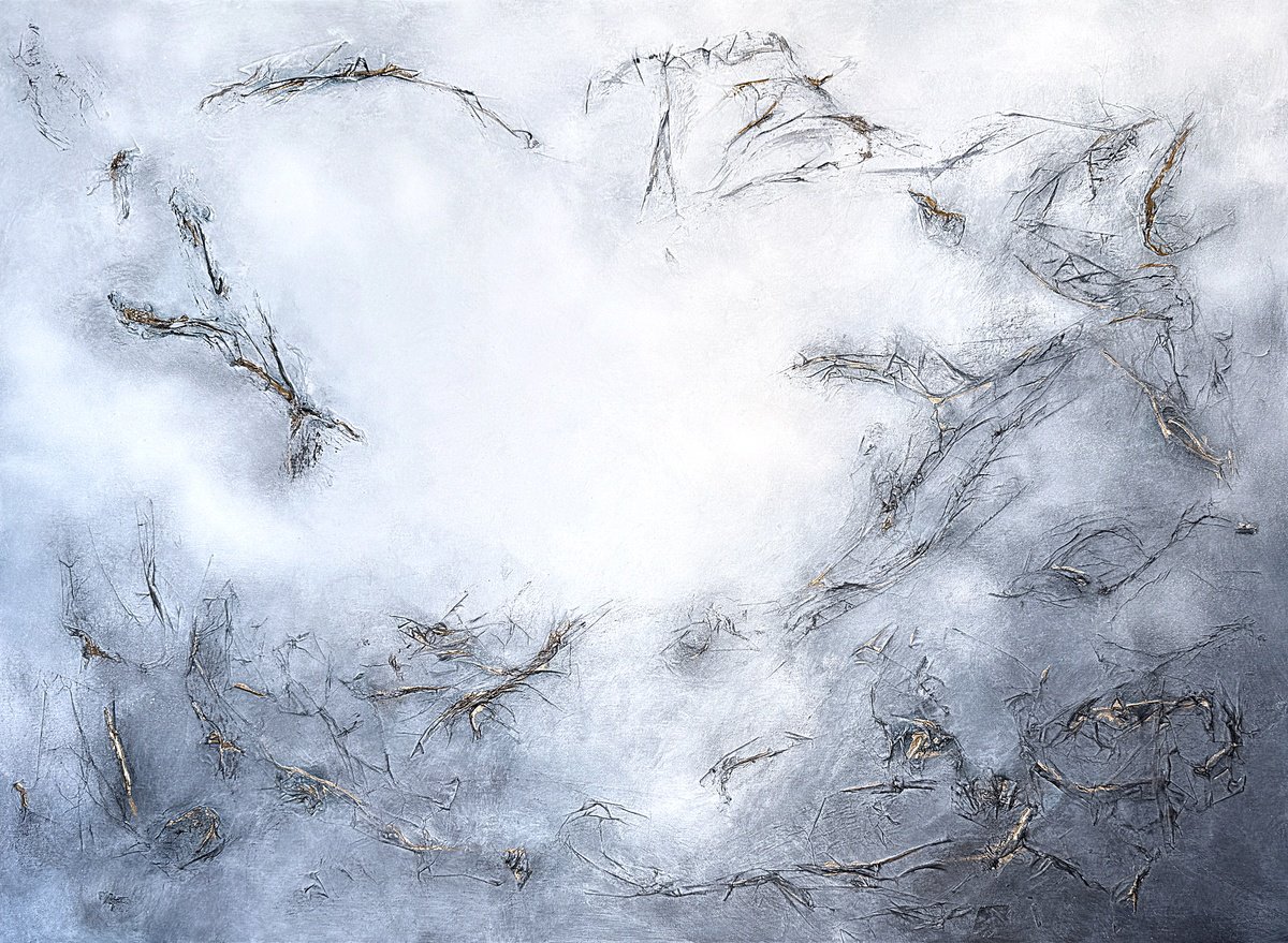 Organic Abstract Acrylic Painting By Tatiana Malinovscaia, 39 X 28", Golden Traces Of Mist, Original Artwork