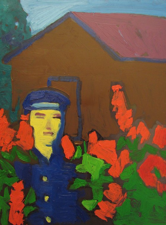 Man in red flower and bluesuit