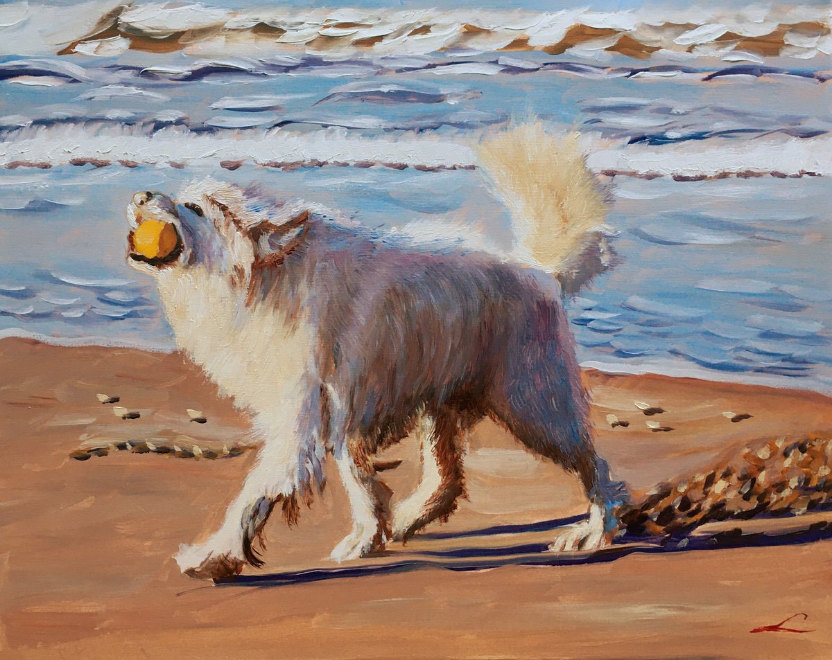 Impressionistic Animal Oil Painting By Elena Sokolova, 20 X 16, Dog At The Sea 6, Original Artwork