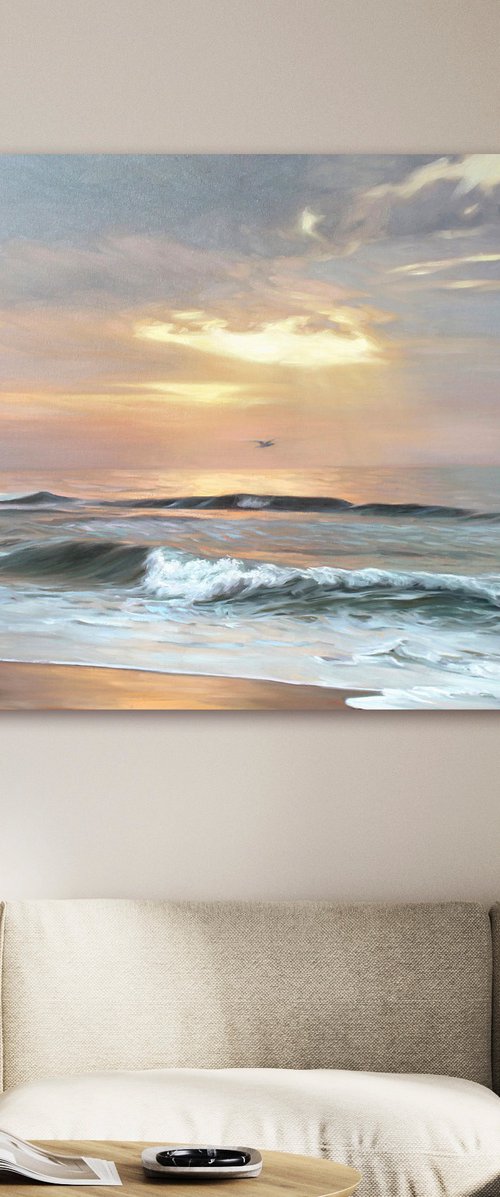 "Seaside 3" Blue orange seascape oil art by Mary Amur