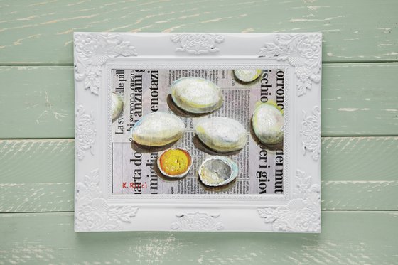 "Eggs on Newspaper" Original Painting Food Art 8 by 6"  (20x15 cm)