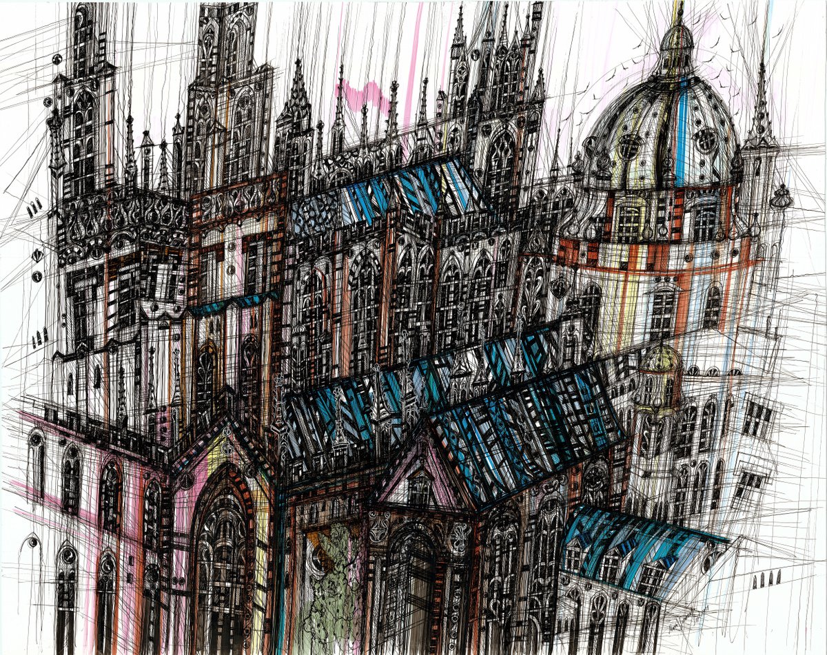 Impressionistic Cityscapes Drawing By Maria Susarenko, 38 X 42", Oxford University, Original Artwork