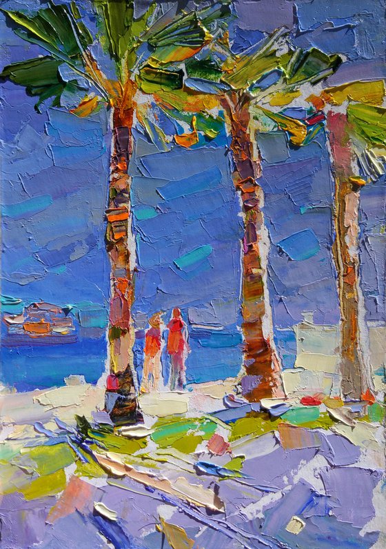 Walk under palm trees . Montenegro . Original plein air oil painting .