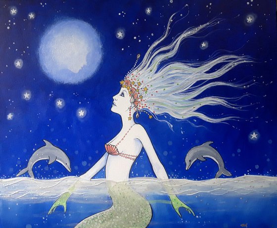 The Mermaid and the Moon - Mermaid - Sea Goddess - Dolphins - Mystical Art