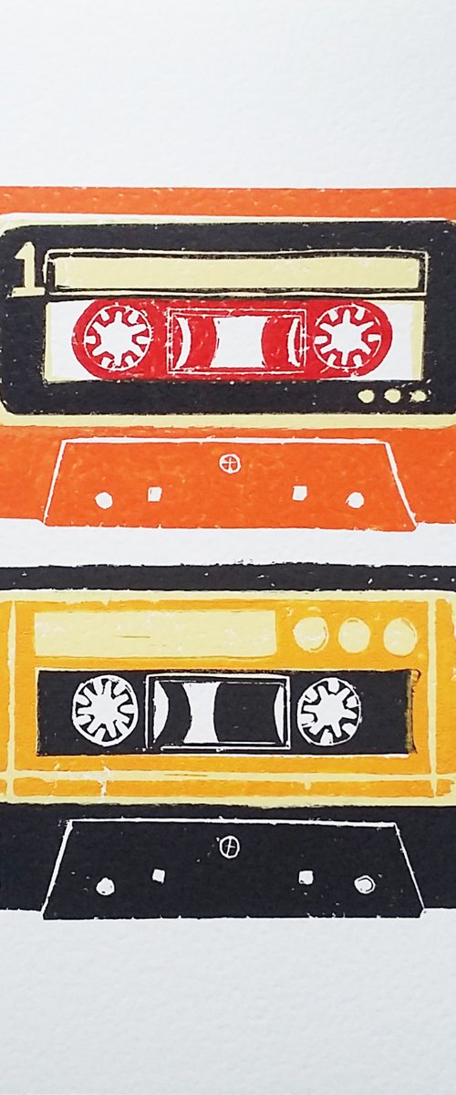 Linocut tapes duo #9 (cassette tapes, retro music, 70's, 80's rock culture) by Carolynne Coulson