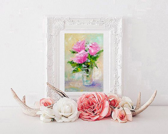 Pink Rose Painting Original Art Small Oil Artwork Flower Wall Art Floral Mini Oil Painting