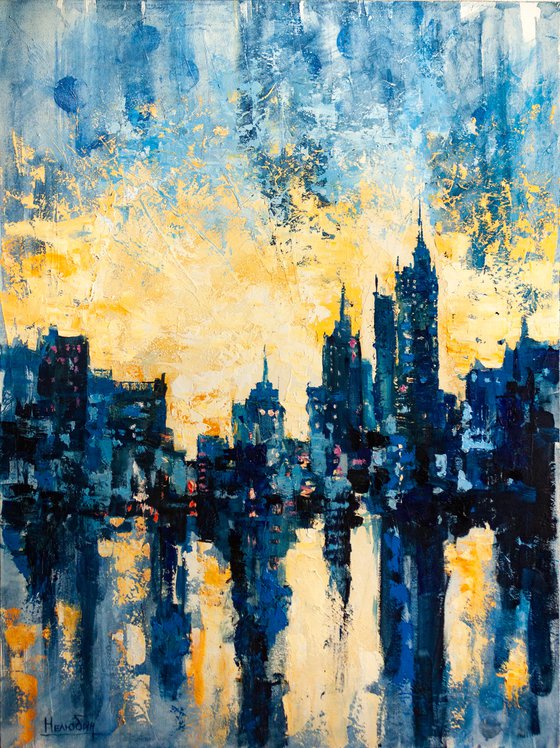 "Sunny rain" abstract painting , evening city