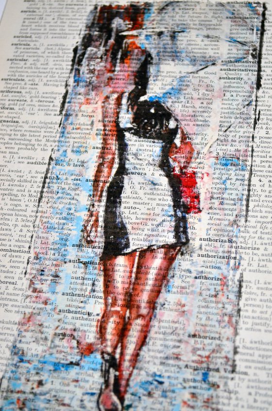 White Umbrella 4 - Collage Art on Large Real English Dictionary Vintage Book Page