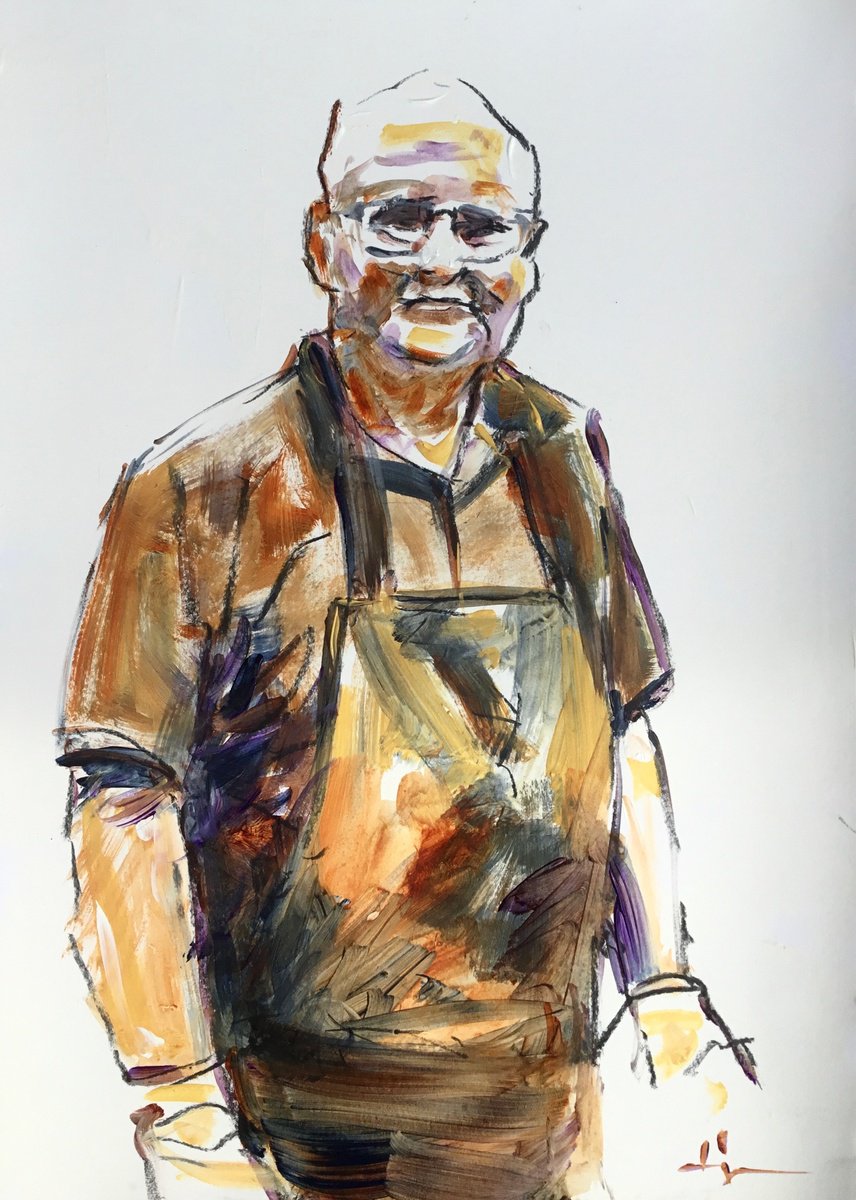 Expressive Portrait Acrylic Painting By Dominique Deve, 11 X 17, At Work, Original Artwork