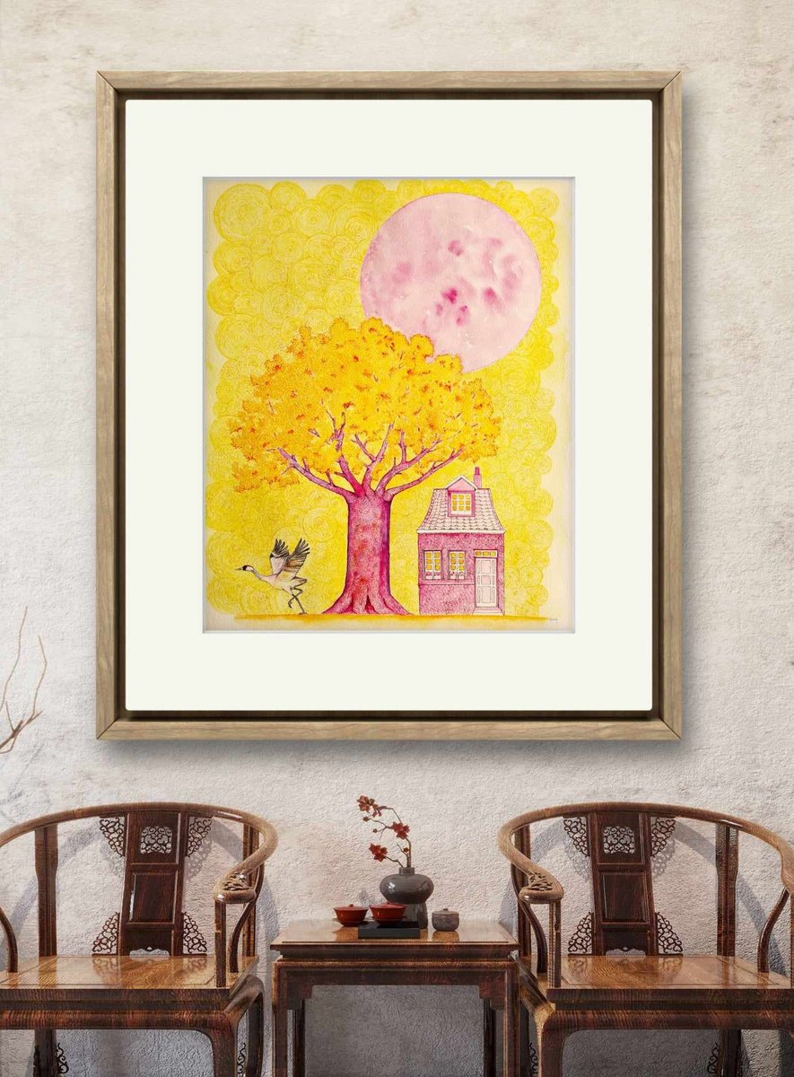 Illustrative Landscape Watercolour By Marian Gorin, 22 X 29", Quenching In Purple, Original Artwork