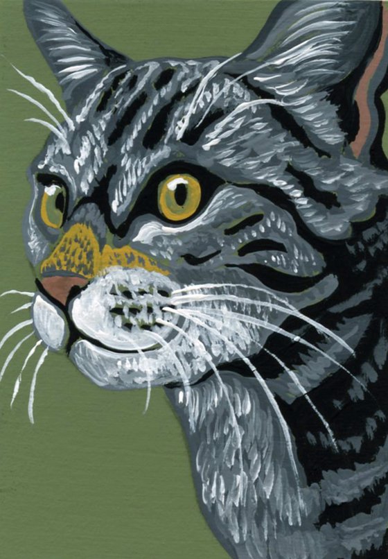 ACEO ATC Original Miniature Painting Gray Tabby Cat Pet Feline Art-Carla Smale