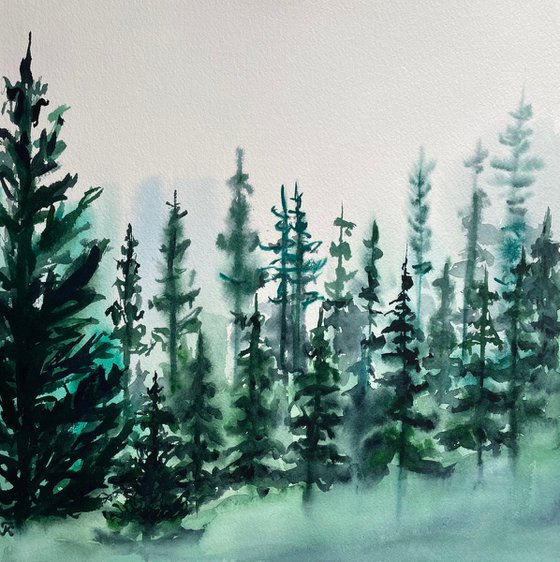 Pine Tree Art, Original Watercolor Painting, Forest Artwork, Mountain Wall Art, Christmas Gift