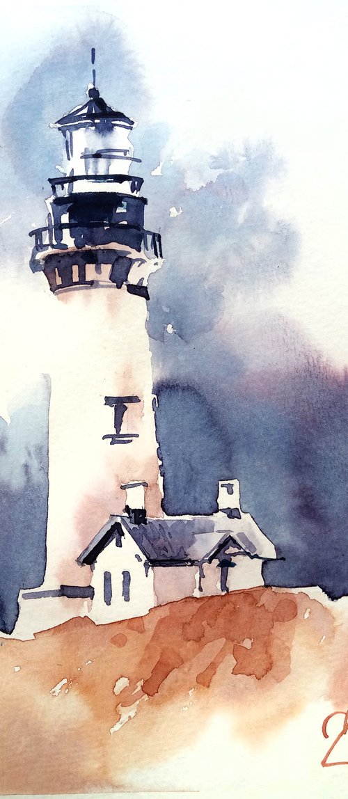 Landscape "Lighthouse. Storm at sea" original watercolor artwork in square format by Ksenia Selianko
