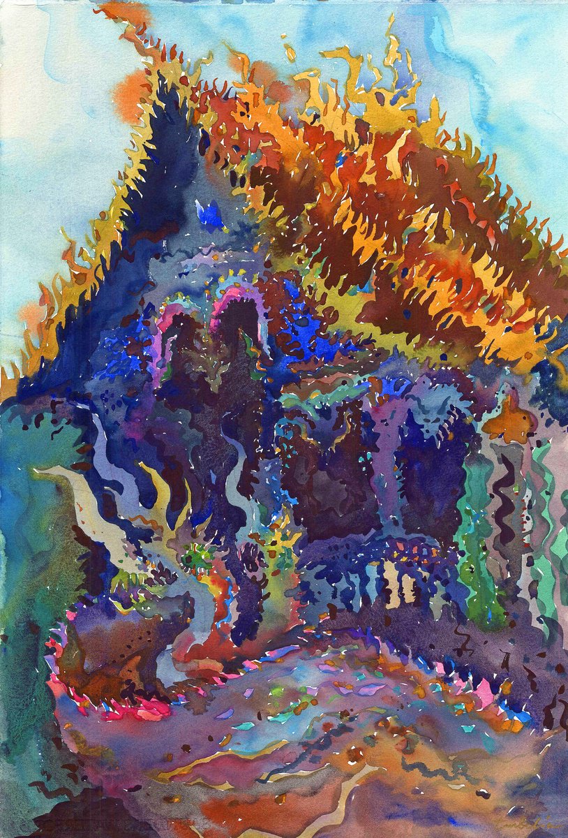 Impressionistic Cityscapes Watercolour By Tanbelia, 15 X 22", Phrathat Doi Khao Kwai Temple, Original Artwork