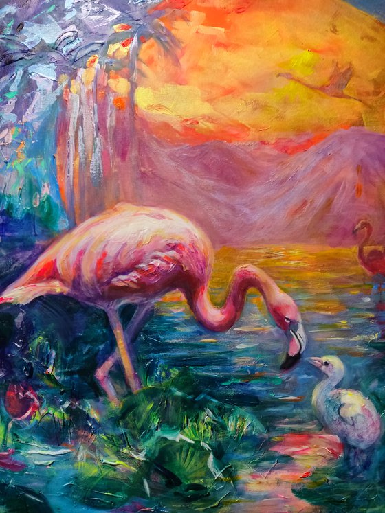 Sunset with Pink Flamingos. Impasto painting