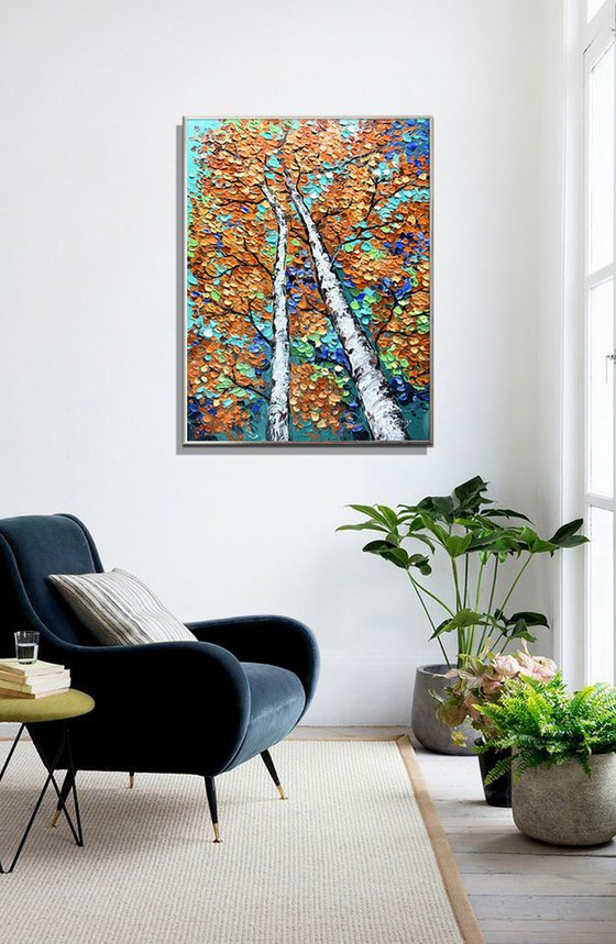 Entwined - 3D Textured Fall Gold Birch Trees Landscape Painting on Canvas, Original Abstract Nature Textured Tree Painting - SIZE: 24 X 32 INCHES (60 X 80 CM)