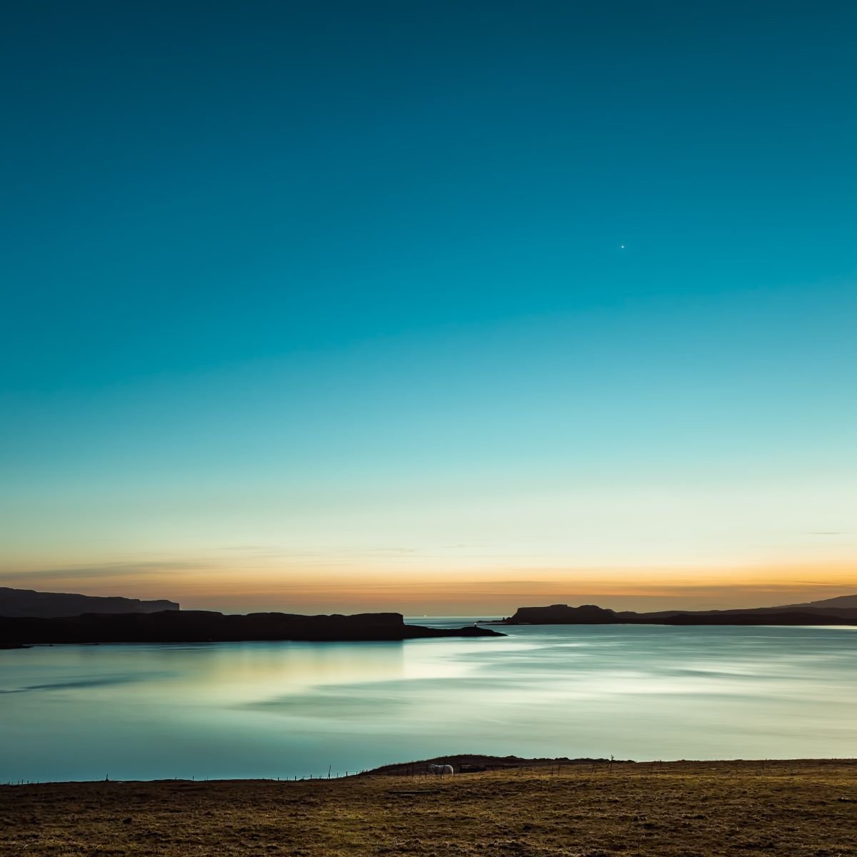 Serenity, Loch Harport, Isle of Skye, Minimalist Landscape, Teal Blue, Lighthouse by Lynne Douglas