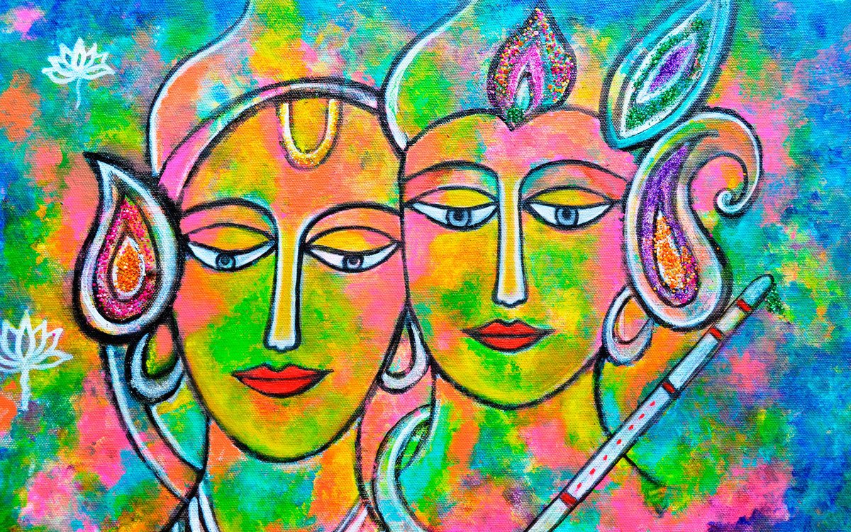 Radha Krishna Holi abstract with glitter by Manjiri Kanvinde