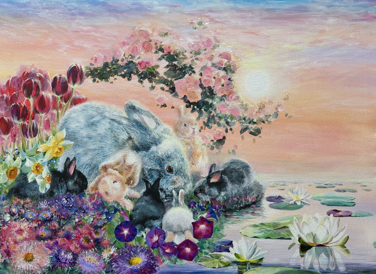 Naive Animal Acrylic Painting By Sonata Art, 28 X 20", Fairytale Flower Garden With Rabbits Family, Original Artwork
