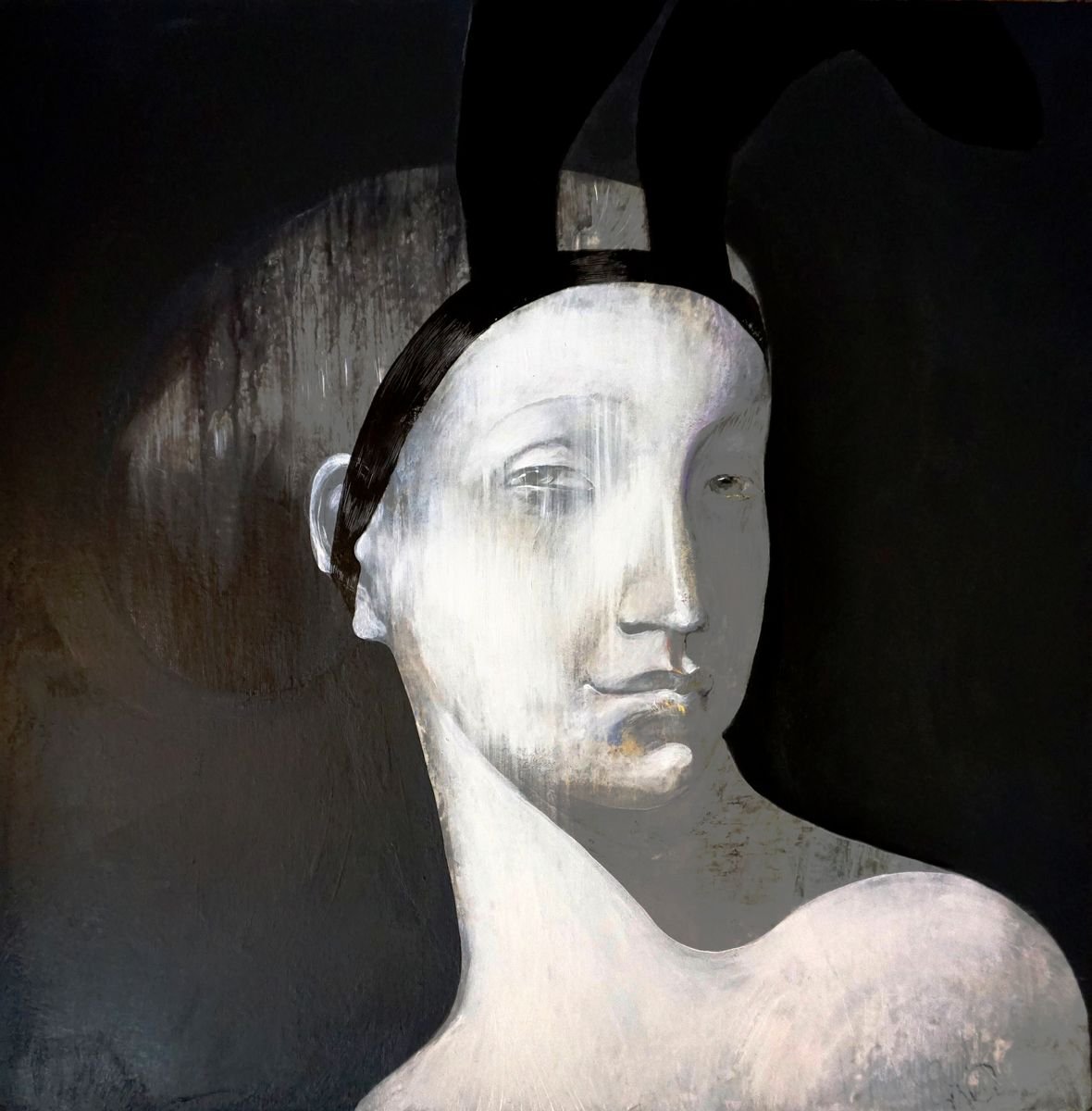 Impressionistic Portrait Acrylic Painting By Victor Tkachenko, 24 X 24", Bunny, Original Artwork