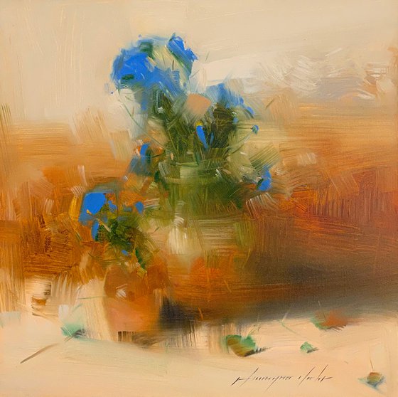 Blue Flowers, Original oil painting, Handmade artwork, One of a kind