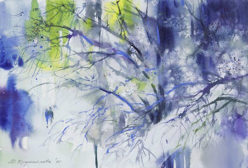 Walking in the winter forest. Watercolour by Marina Trushnikova. Winterscape, abstract landscape, A3 watercolor by Marina Trushnikova